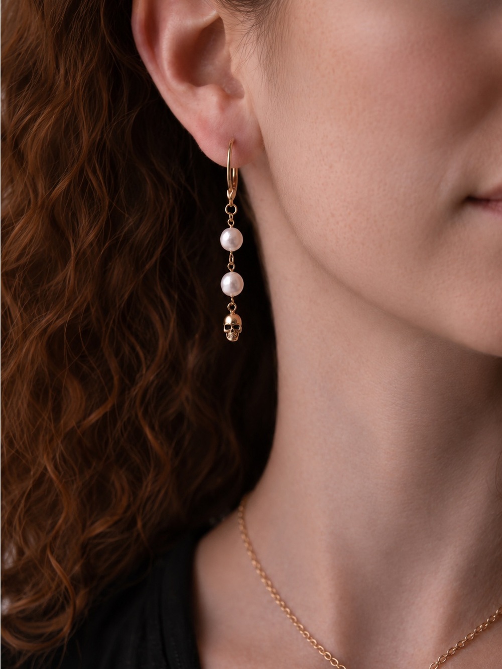 Gold fresh water Pearl Skull Drop Earrings - Women Jewelry